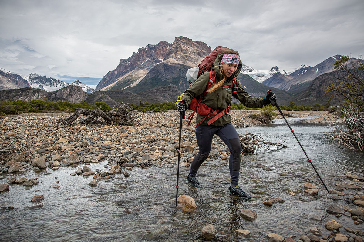 Women's hiking pants (crossing river in the Patagonia Pack Out Hike Tights)